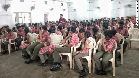 Co-founder of Red Cycle, Arjun Unnikrishnan, stands as he gives an awareness session about menstrual hygiene in St Thomas Matriculation Higher Secondary School in Chennai, Tamil Nadu. 