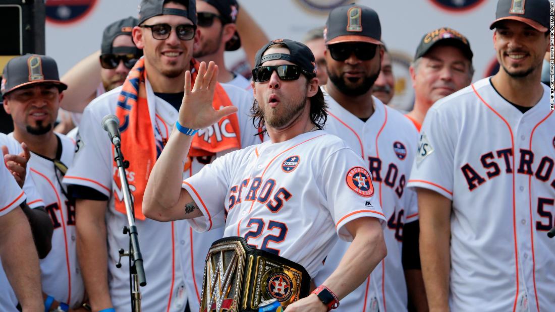 200213203136 houston tx   november 03 josh reddick 22 of the houston astros is introduced during the houston astros super tease