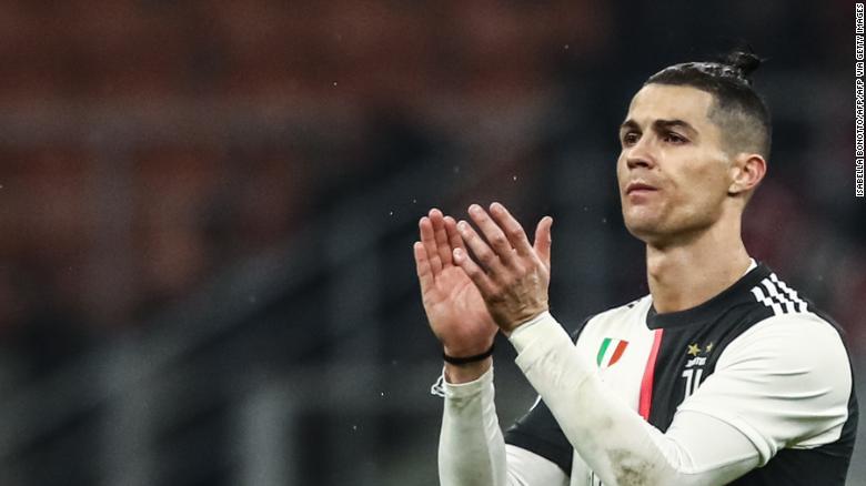 Cristiano Ronaldo applauds the traveling Juventus fans at full time.
