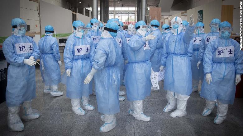 Nurses gather in a hospital in Wuhan City on February 12.