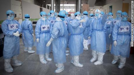 Nurses gather in a hospital in Wuhan City on February 12.