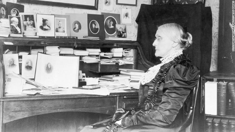 Portrait of Susan B. Anthony sitting at a desk.