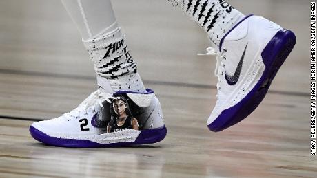 Nike sneakers featuring a tribute to Kobe and Gianna Bryant worn by Quavo during the 2020 NBA All-Star Celebrity Game.