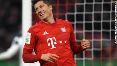 Bayern Munich&#39;s Polish forward Robert Lewandowski reacts during the German Cup (DFB Pokal) round of 16 football match FC Bayern Munich v TSG 1899 Hoffenheim in Munich, southern German on February 5, 2020. (Photo by Christof STACHE / AFP) / DFB REGULATIONS PROHIBIT ANY USE OF PHOTOGRAPHS AS IMAGE SEQUENCES AND QUASI-VIDEO. (Photo by CHRISTOF STACHE/AFP via Getty Images)