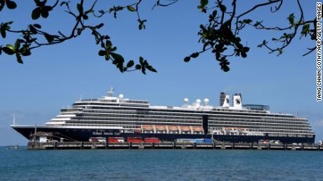 A general view of the Westerdam cruise ship docked at Sihanoukville port on February 15, 2020. - Passengers on a cruise ship that was turned away from ports around Asia over fears they could be carrying the new coronavirus finally began disembarking in Cambodia on February 14. 