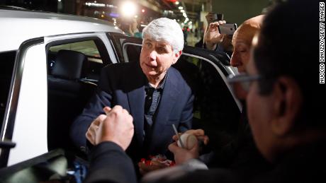 Former Illinois Gov. Rod Blagojevich signs autographs after arriving at O&#39;Hare International Airport following his release from prison on February 19, 2020 in Chicago, Illinois. 