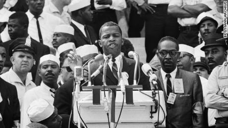 John Lewis, Chairman of the Student Non-Violent Coordinating Committee, speaks at the Lincoln Memorial to participants in the March on Washington in August 1963.