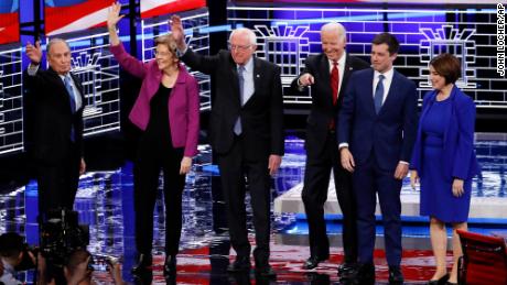 From left, Democratic presidential candidates, former New York City Mayor Michael Bloomberg, Sen. Elizabeth Warren, D-Mass., Sen. Bernie Sanders, I-Vt.,former Vice President Joe Biden, former South Bend Mayor Pete Buttigieg, Sen. Amy Klobuchar, D-Minn., stand on stage before a Democratic presidential primary debate 