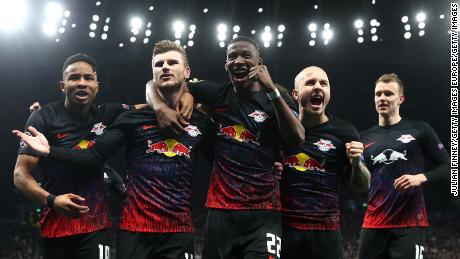 Werner (second left) has scored over a third of RB Leipzig&#39;s goals this season.