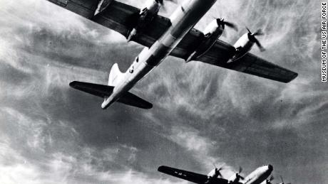 US B-29 bombers in flight.