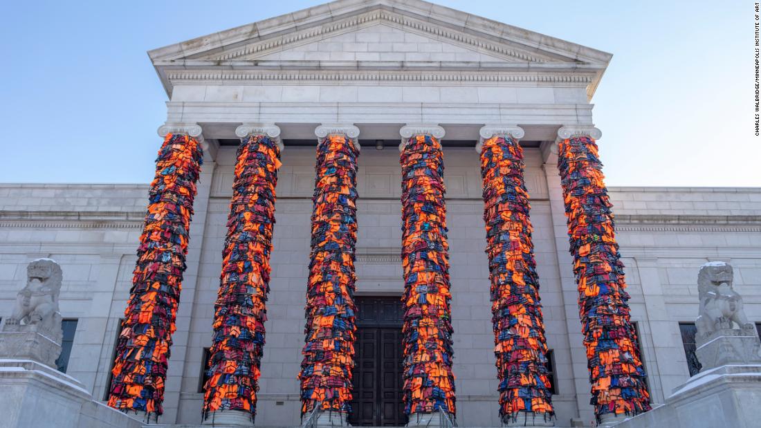 The entrance to a Minneapolis museum has been covered with 2,400 life jackets that refugees once wore