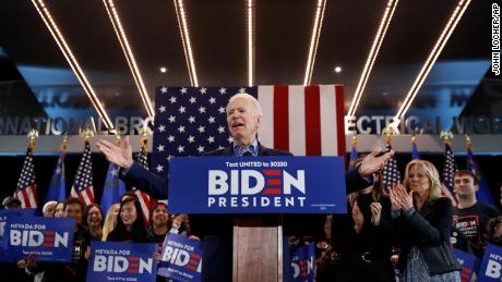 Biden speaks during a nighttime caucus event on Saturday February 22, 2020, in Las Vegas. 