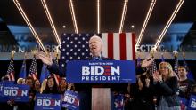 Biden speaks during a nighttime caucus event on Saturday February 22, 2020, in Las Vegas. 