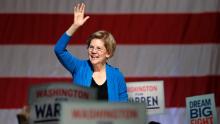 Elizabeth Warren greets as she is presented during a campaign event Saturday, February 22, 2020 in Seattle. 
