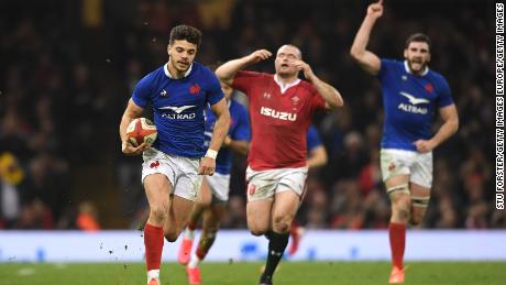 France&#39;s Romain Ntamack races away to score his side&#39;s crucial third try in the 27-23 win over Wales at the Principality Stadium in Cardiff.