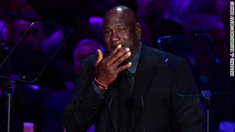 Retired US basketball player Michael Jordan cries as he speaks during the &quot;Celebration of Life for Kobe and Gianna Bryant&quot; service at Staples Center in Downtown Los Angeles on February 24, 2020. - Kobe Bryant, 41, and 13-year-old Gianna were among nine people killed in a helicopter crash in the rugged hills west of Los Angeles on January 26. (Photo by Frederic J. BROWN / AFP) (Photo by FREDERIC J. BROWN/AFP via Getty Images)