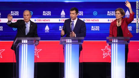 Democratic presidential candidate former South Bend, Indiana Mayor Pete Buttigieg speaks as former New York City Mayor Mike Bloomberg (L) and Sen. Elizabeth Warren (D-MA) (R) looks on during the Democratic presidential primary debate at the Charleston Gaillard Center on February 25, 2020 in Charleston, South Carolina. 