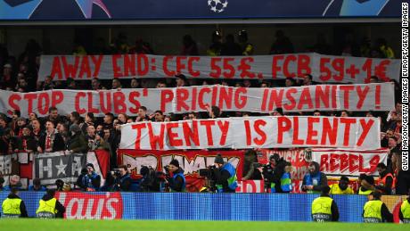 Bayern Munich fans display a banner in relation to ticket prices during the UEFA Champions League match against Chelsea.