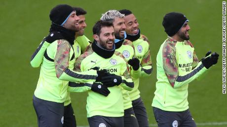 Manchester City players train ahead of their Champions League game against Real Madrid