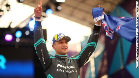 MEXICO CITY, MEXICO - FEBRUARY 15: Mitch Evans of Australia and Panasonic Jaguar Racing celebrates after winning the race during the E-Prix of Mexico City as part of the ABB FIA Formula E Championship 2019/2020 on February 15, 2020 in Mexico City, Mexico. (Photo by Hector Vivas/Getty Images)