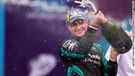 Mitch Evans celebrates after winning the ePrix in Mexico.
