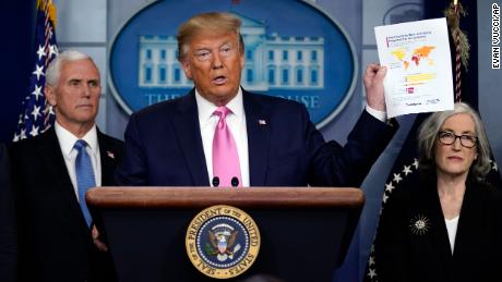 President Donald Trump, with members of the President&#39;s Coronavirus Task Force, holds a paper about countries best and least prepared to deal with a pandemic, during a news conference in the Brady Press Briefing Room of the White House, Wednesday, Feb. 26, 2020, in Washington. (AP Photo/Evan Vucci)