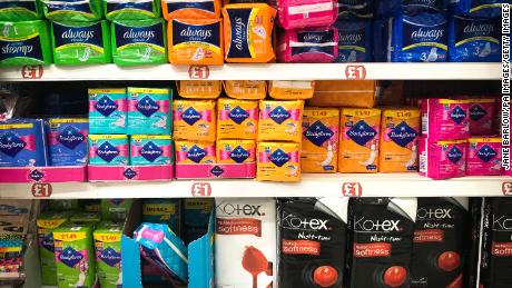 Sanitary products and tampons on sale in a supermarket in Glasgow.