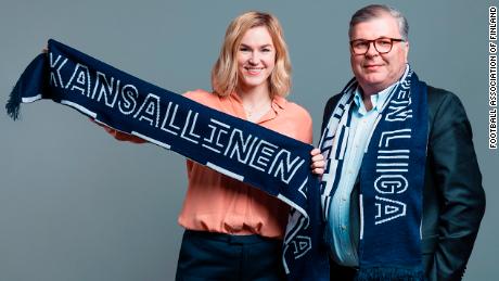 Heidi Pihlaja, head of women&#39;s football development of the Football Association of Finland, and Ari Lahti, president of the Football Association of Finland.