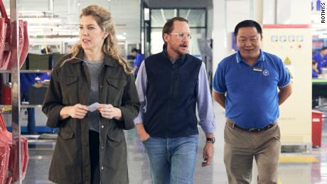 Lindsey Fahy, Rothy&#39;s brand marketing director [left], CEO Roth Martin, [center], Oscar Mao, Rothy&#39;s general manager [right] at the company&#39;s factory in China.