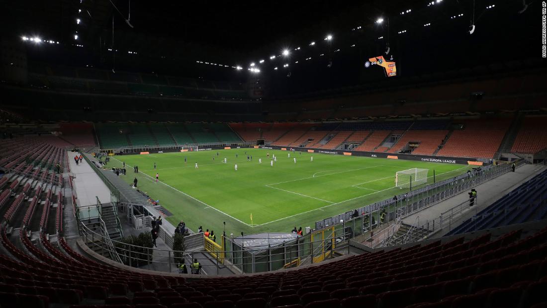 Inter Milan plays Ludogorets in an empty soccer stadium in Milan, Italy, on February 27, 2020. The match &lt;a href=&quot;https://edition.cnn.com/2020/02/28/football/inter-milan-coronavirus-ludogorets-football-spt-intl/index.html&quot; target=&quot;_blank&quot;&gt;was ordered to be played behind closed doors&lt;/a&gt; as Italian authorities continued to grapple with the coronavirus outbreak.