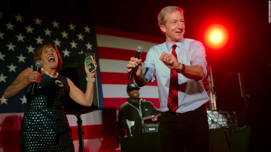 Steyer &lt;a href=&quot;https://www.cnn.com/videos/entertainment/2020/02/29/tom-steyer-juvenile-dance-video-nr-vpx.cnn&quot; target=&quot;_blank&quot;&gt;dances with rapper Juvenile&lt;/a&gt; singing &quot;Back That Azz Up&quot; during a rally in Columbia on Friday.