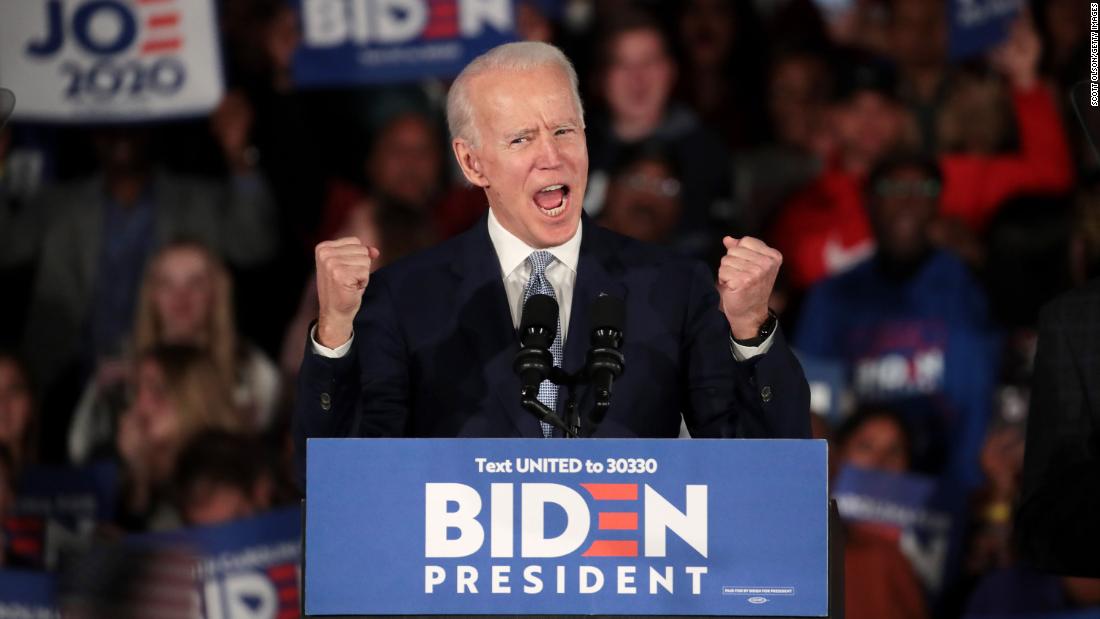Former Vice President Joe Biden speaks at his primary night event in Columbia, South Carolina, on Saturday. His victory in the Palmetto State is his first-ever win in a presidential primary.