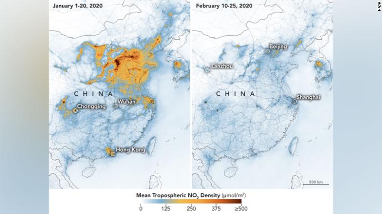 The satellite images have detected a significant decreases in nitrogen dioxide over China. 