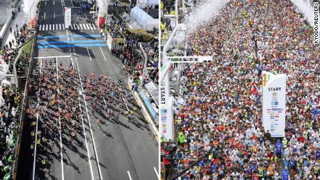 The start of the Tokyo Marathon in 2019 (right) and 2020 (left). The 2020 race was limited to elite runners because of the outbreak.
