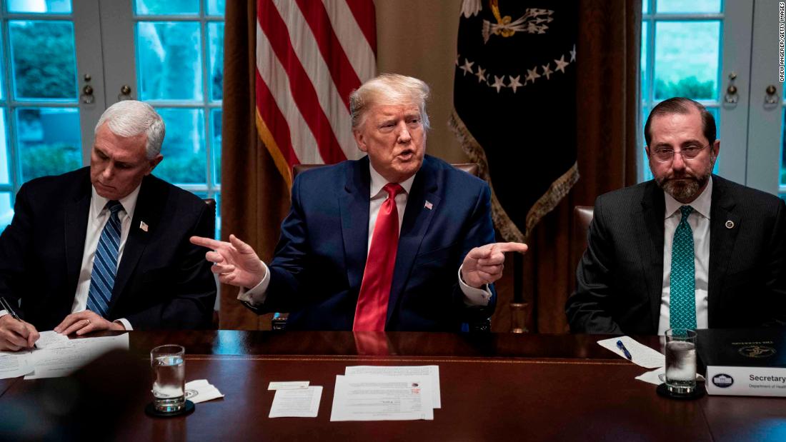 US President Donald Trump, flanked by Vice President Mike Pence, left, and Health and Human Services Secretary Alex Azar, speaks during a meeting with pharmaceutical executives and the White House coronavirus task force on March 2, 2020. Throughout &lt;a href=&quot;https://www.cnn.com/2020/03/02/politics/donald-trump-coronavirus-vaccine-push-back/index.html&quot; target=&quot;_blank&quot;&gt;the meeting,&lt;/a&gt; Trump was hyperfocused on pressing industry leaders in the room for a timeline for a coronavirus vaccine and treatment. But experts at the table -- from the administration and the pharmaceutical industry -- repeatedly emphasized that a vaccine can&#39;t be rushed to market before it&#39;s been declared safe for the public.