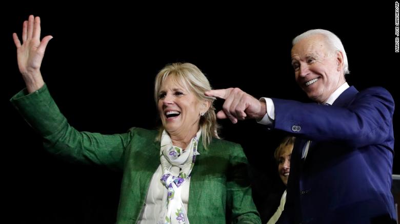 Biden, right, and his wife Jill attend a primary election night rally Tuesday, March 3, 2020, in Los Angeles. 