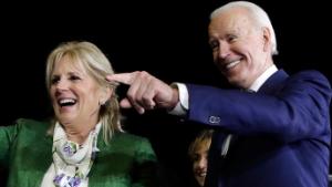 Democratic presidential candidate former Vice President Joe Biden, right, and his wife Jill attend a primary election night rally Tuesday, March 3, 2020, in Los Angeles. (AP Photo/Marcio Jose Sanchez)