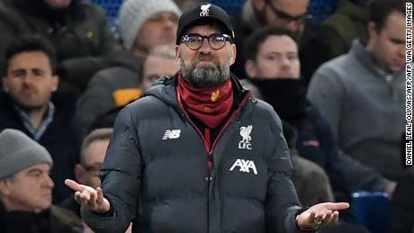 Liverpool&#39;s German manager Jurgen Klopp reacts during the English FA Cup fifth round football match between Chelsea and Liverpool at Stamford Bridge in London on March 3, 2020. (Photo by DANIEL LEAL-OLIVAS / AFP) / RESTRICTED TO EDITORIAL USE. No use with unauthorized audio, video, data, fixture lists, club/league logos or &#39;live&#39; services. Online in-match use limited to 120 images. An additional 40 images may be used in extra time. No video emulation. Social media in-match use limited to 120 images. An additional 40 images may be used in extra time. No use in betting publications, games or single club/league/player publications. /  (Photo by DANIEL LEAL-OLIVAS/AFP via Getty Images)