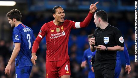 Virgil van Dijk of Liverpool remonstrates with referee Chris Kavanagh during the defeart to Chelsea.