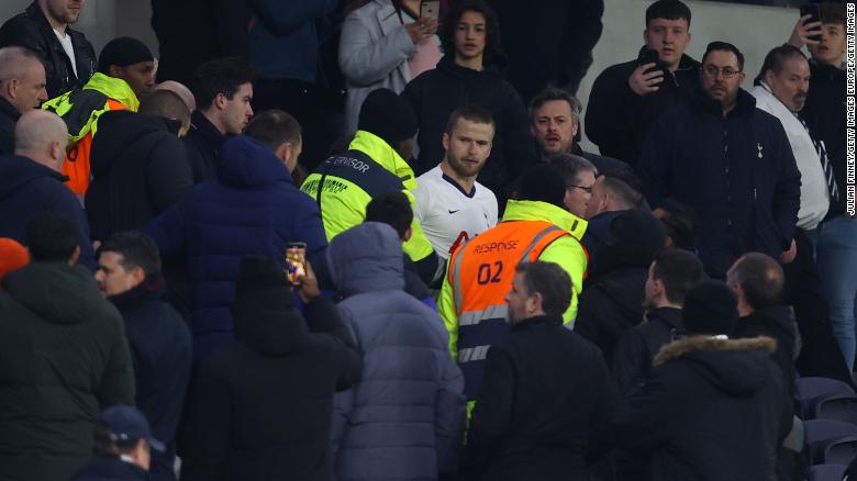 Eric Dier of Tottenham Hotspur is seen speaking to fans in the stands after the club&#39;s FA Cup defeat by Norwich.