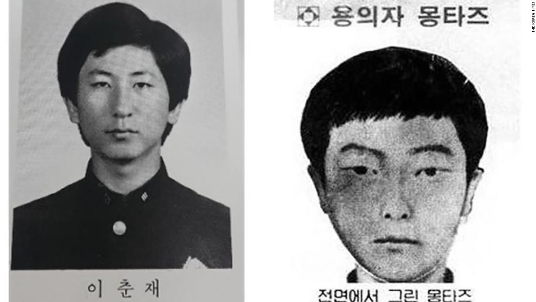 Lee Chun-jae's high school graduation photo, left, and a facial composite of the Hwaseong serial killer. (Credit: Korea Times)