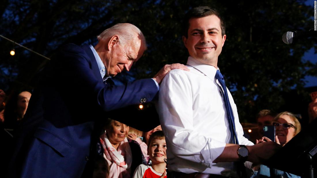 Biden puts his hands on the shoulders of Pete Buttigieg as Buttigieg &lt;a href=&quot;https://www.cnn.com/2020/03/02/politics/pete-buttigieg-endorsement-obama-biden-calls/index.html&quot; target=&quot;_blank&quot;&gt;endorses him for president&lt;/a&gt; in March 2020. Buttigieg, the former mayor of South Bend, Indiana, had just dropped out of the Democratic race.