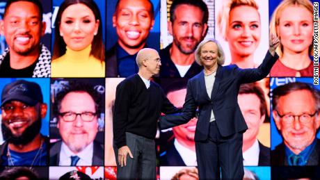 Quibi CEO Meg Whitman (R) and Quibi founder Jeffrey Katzenberg speak about their short-form video streaming service Quibi during their keynote address January 8, 2020 at the 2020 Consumer Electronics Show (CES) in Las Vegas, Nevada. (Photo by  Robyn Beck/AFP/Getty Images)