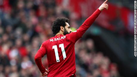 Salah celebrates scoring against Bournemouth.