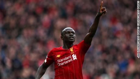 Sadio Mane celebrates after scoring his team&#39;s second goal during the Premier League match against Bournemouth at Anfield on March 07, 2020.