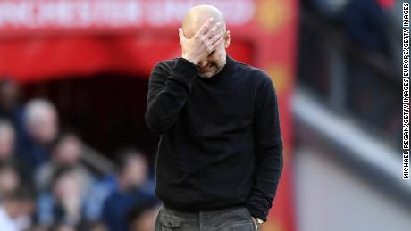City manager Pep Guardiola displays his frustration during the Manchester derby on Sunday.