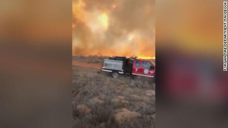 A still image from video posted by the Forgan, Oklahoma, fire department shows the scale of the flames.