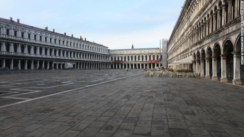  A completely empty San Marco Square in Venice on Monday, after Italy enforced travel restrictions to try to contain the worst outbreak in Europe.