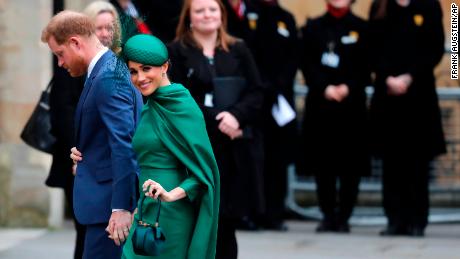 Britain&#39;s Prince Harry and Meghan, Duchess of Sussex arrive to attend the annual Commonwealth Day service at Westminster Abbey in London, Monday, March 9, 2020. The annual service organised by the Royal Commonwealth Society, is the largest annual inter-faith gathering in the United Kingdom. (AP Photo/Frank Augstein)