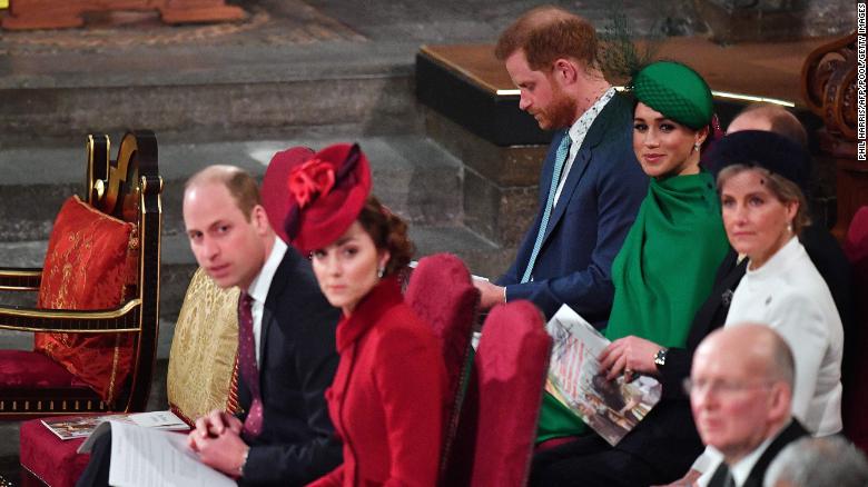 Harry, Meghan and Sophie, Countess of Wessex sit behind William and Kate inside Westminster Abbey.